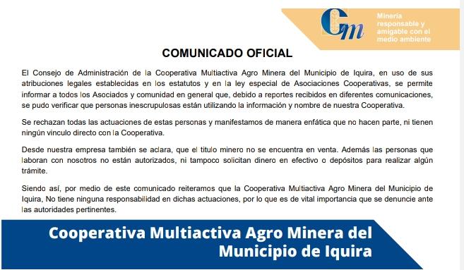 COMUNICADO OFICIAL Cooperativa Multiactiva Agrominera de Iquira